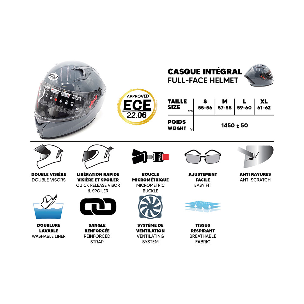 Gray FRV full face helmet (size S to XL)