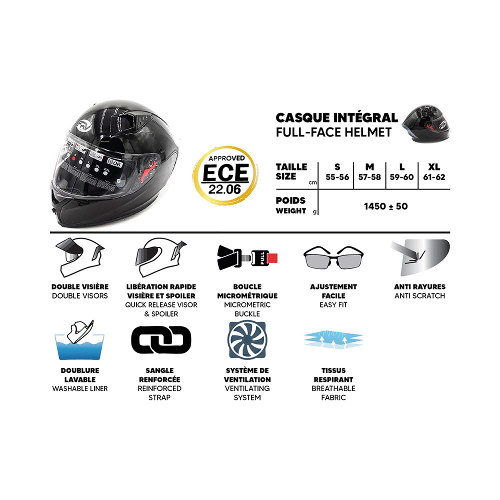 Casco integral FRV negro (talla S a XL)